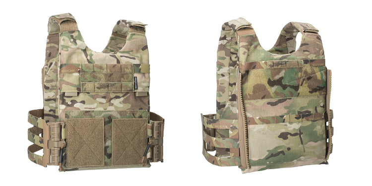 Spiritus Systems LV-119 Set in Multicam: Front and back views of a low-profile plate carrier with modular cummerbund.