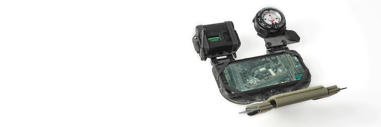 Agility Systems Nav Panel with Twinfalcons FlipLite, Android ATAK phone, and S1 Flat Meshtastic off-grid device.