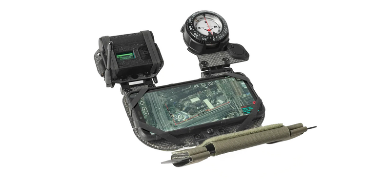 Agility Systems Nav Panel with Twinfalcons FlipLite, Android ATAK phone, and S1 Flat Meshtastic off-grid device.