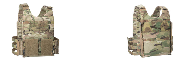 Spiritus Systems LV-119 Set in Multicam: Front and back views of a low-profile plate carrier with modular cummerbund.